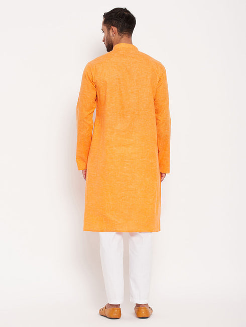 Vastramay Men's Orange Kurta And White Pant Style Pyjama Set