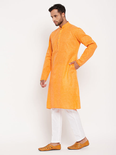 Vastramay Men's Orange Kurta And White Pant Style Pyjama Set