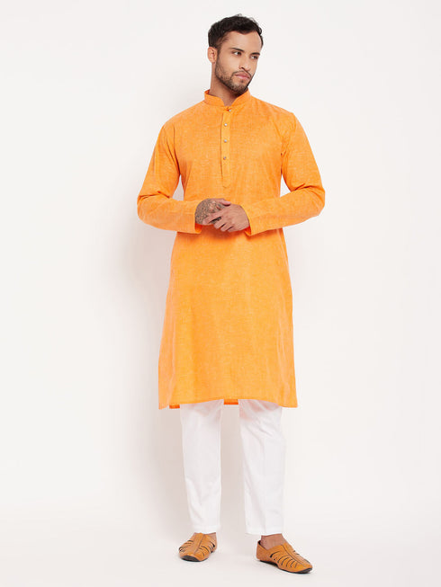 Vastramay Men's Orange Kurta And White Pant Style Pyjama Set