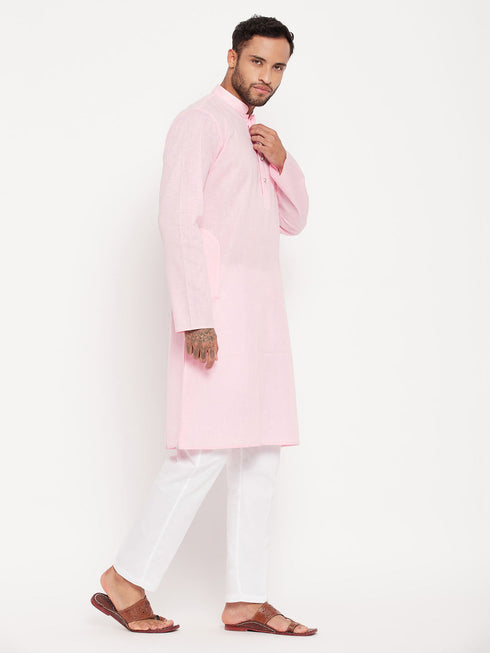 Vastramay Men's Pink Kurta And White Pant Style Pyjama Set