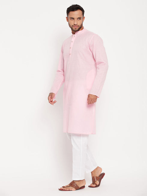 Vastramay Men's Pink Kurta And White Pant Style Pyjama Set