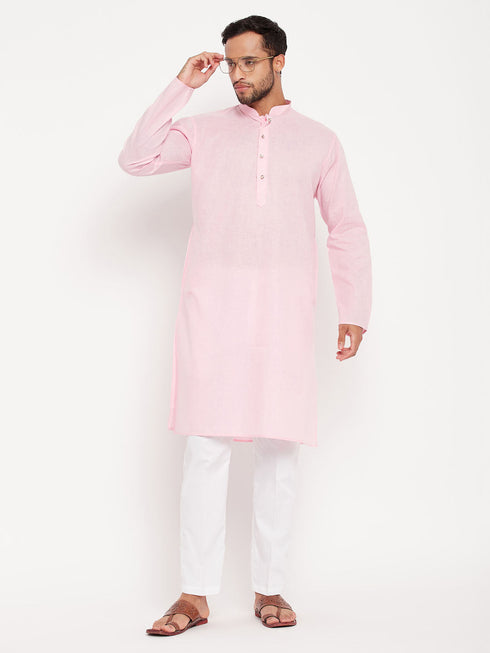 Vastramay Men's Pink Kurta And White Pant Style Pyjama Set