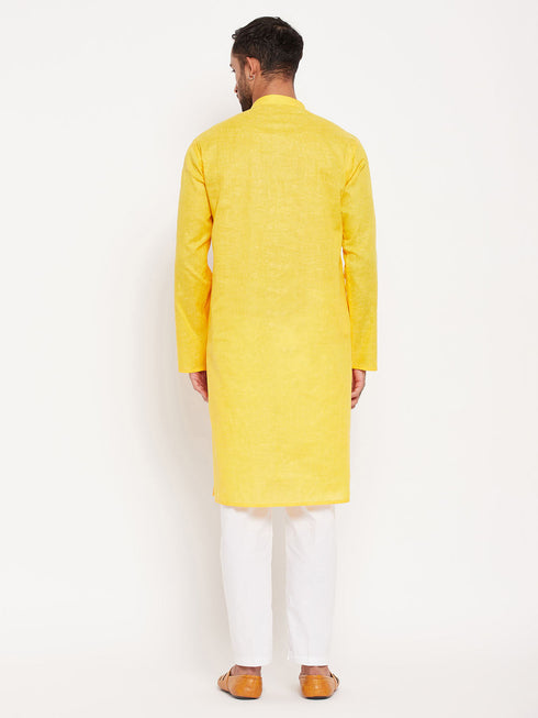 Vastramay Men's Yellow Kurta And White Pant Style Pyjama Set