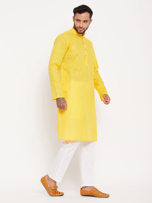 Vastramay Men's Yellow Kurta And White Pant Style Pyjama Set