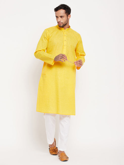 Vastramay Men's Yellow Kurta And White Pant Style Pyjama Set