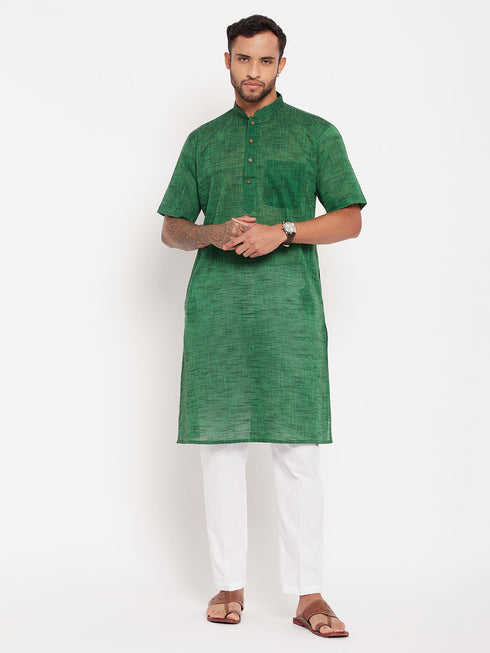 Vastramay Men's Solid Green Pure Cotton Kurta With White Pant Style Pyjama Set