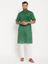 Vastramay Men's Solid Green Pure Cotton Kurta With White Pant Style Pyjama Set