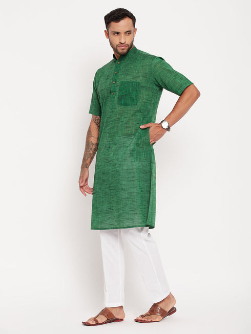 Vastramay Men's Solid Green Pure Cotton Kurta With White Pant Style Pyjama Set