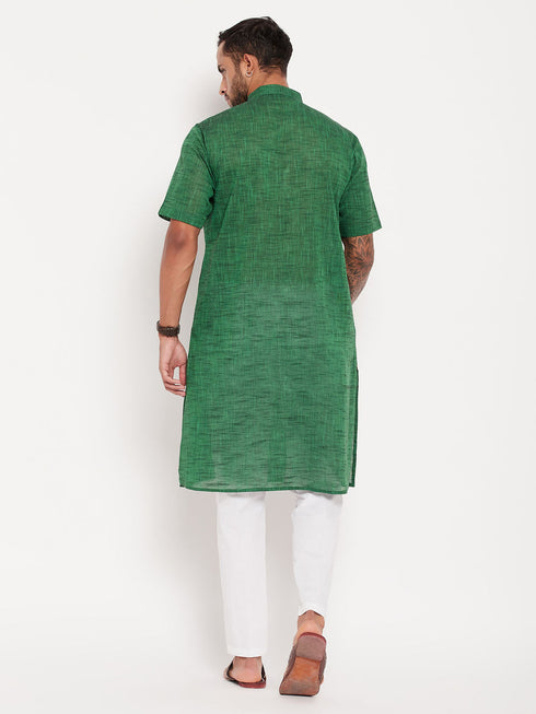 Vastramay Men's Solid Green Pure Cotton Kurta With White Pant Style Pyjama Set