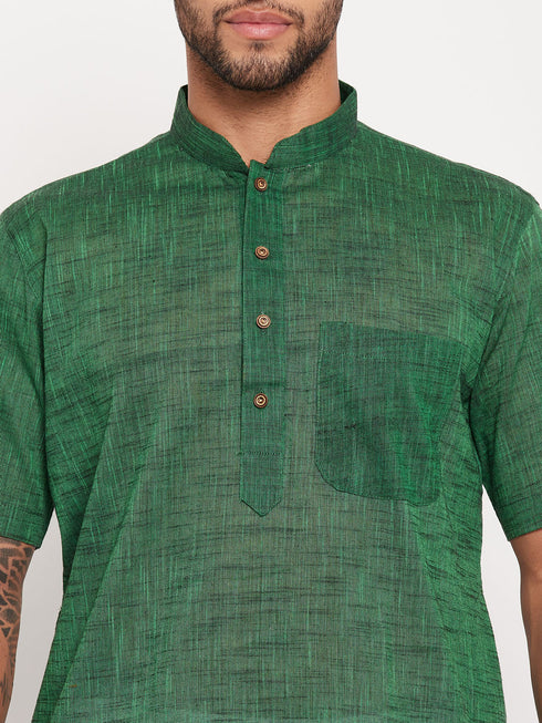 Vastramay Men's Solid Green Pure Cotton Kurta With White Pant Style Pyjama Set