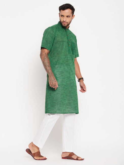 Vastramay Men's Solid Green Pure Cotton Kurta With White Pant Style Pyjama Set