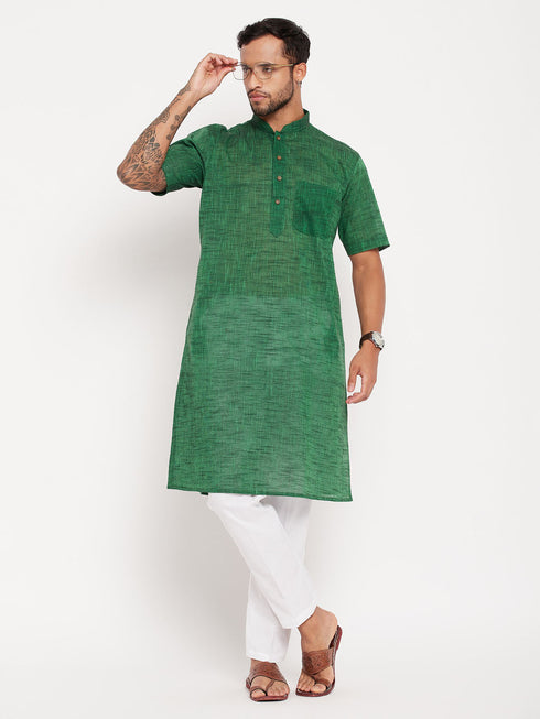 Vastramay Men's Solid Green Pure Cotton Kurta With White Pant Style Pyjama Set