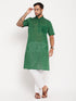 Vastramay Men's Solid Green Pure Cotton Kurta With White Pant Style Pyjama Set