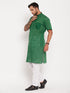 Vastramay Men's Solid Green Pure Cotton Kurta With White Pyjama Set