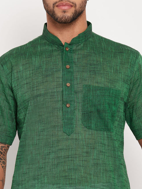 Vastramay Men's Solid Green Pure Cotton Kurta With White Pyjama Set