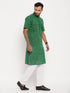 Vastramay Men's Solid Green Pure Cotton Kurta With White Pyjama Set