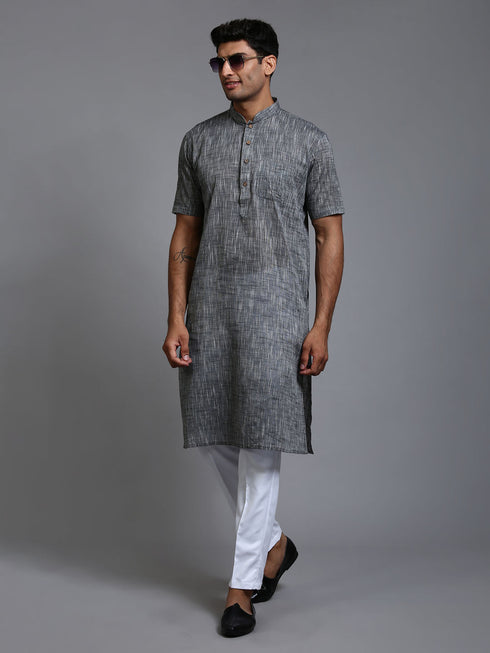 VASTRAMAY Men's Solid Grey Pure Cotton Kurta Pant Set
