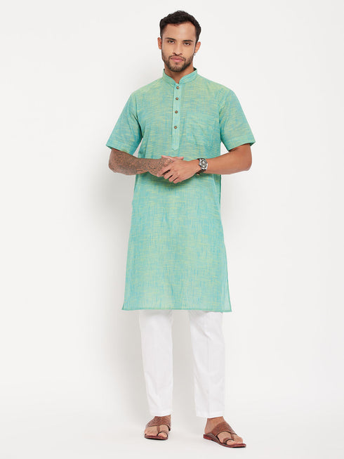 Vastramay Men's Solid Pink Pure Cotton Kurta With White Pant Style Pyjama Set