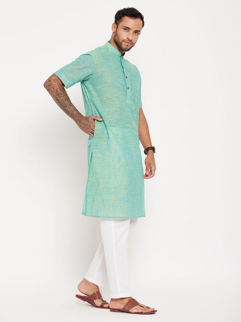 Vastramay Men's Solid Pink Pure Cotton Kurta With White Pant Style Pyjama Set