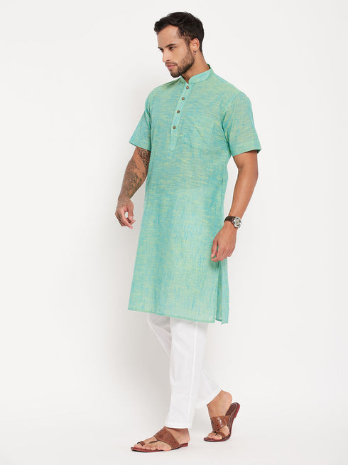 Vastramay Men's Solid Pink Pure Cotton Kurta With White Pant Style Pyjama Set