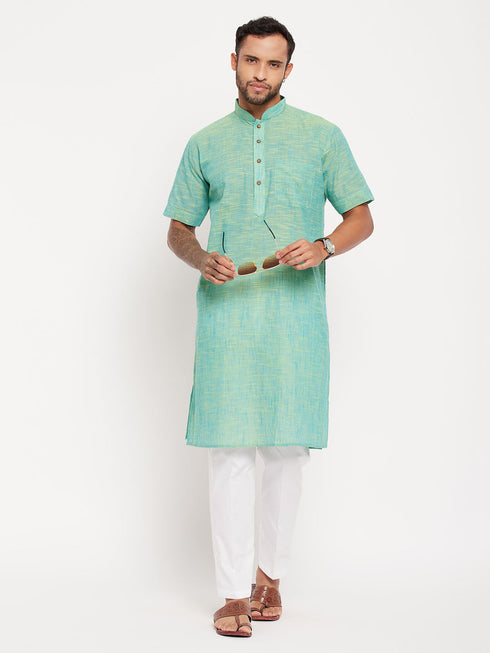 Vastramay Men's Solid Pink Pure Cotton Kurta With White Pant Style Pyjama Set