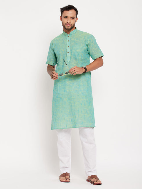 Vastramay Men's Solid Parrot Green Pure Cotton Kurta With White Pyjama Set
