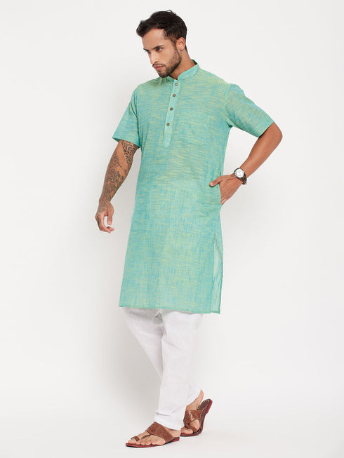 Vastramay Men's Solid Parrot Green Pure Cotton Kurta With White Pyjama Set