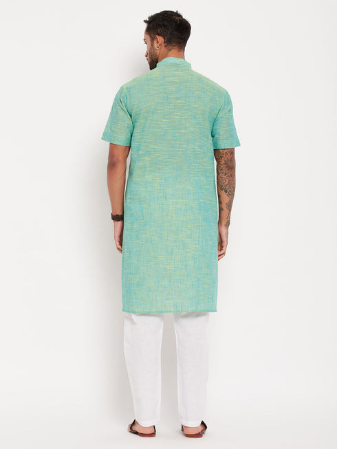 Vastramay Men's Solid Parrot Green Pure Cotton Kurta With White Pyjama Set