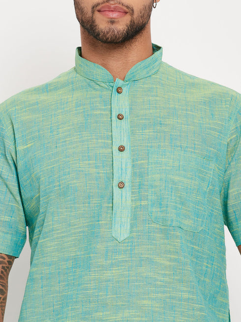 Vastramay Men's Solid Parrot Green Pure Cotton Kurta With White Pyjama Set