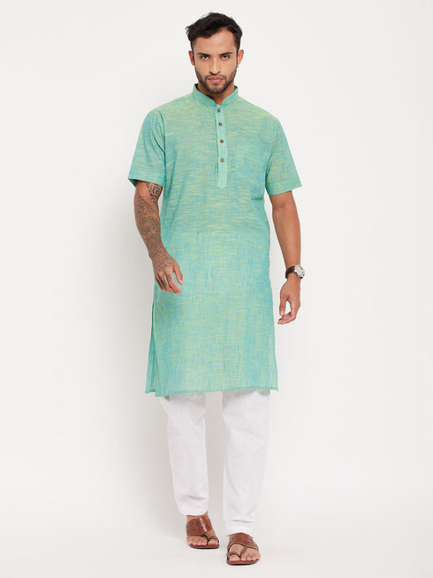 Vastramay Men's Solid Parrot Green Pure Cotton Kurta With White Pyjama Set