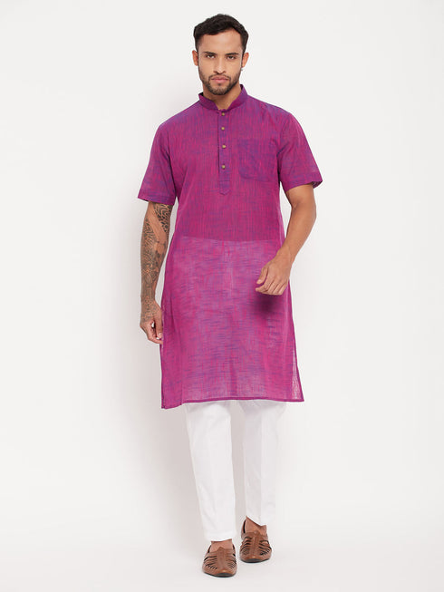 Vastramay Men's Solid Purple Pure Cotton Kurta With White Pant Style Pyjama Set