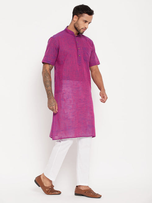 Vastramay Men's Solid Purple Pure Cotton Kurta With White Pant Style Pyjama Set