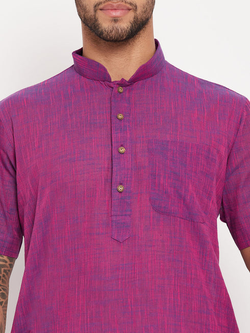 Vastramay Men's Solid Purple Pure Cotton Kurta With White Pant Style Pyjama Set