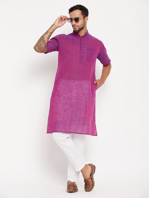 Vastramay Men's Solid Purple Pure Cotton Kurta With White Pant Style Pyjama Set