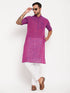 Vastramay Men's Solid Purple Pure Cotton Kurta With White Pant Style Pyjama Set
