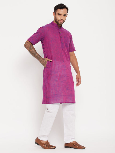 Vastramay Men's Solid Purple Pure Cotton Kurta With White Pyjama Set