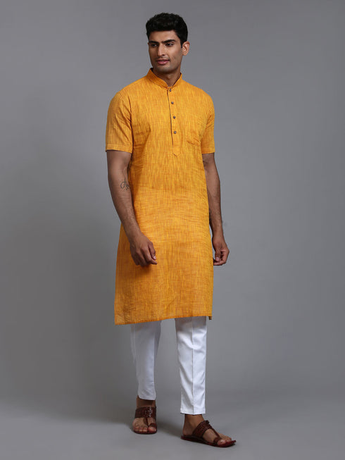 VASTRAMAY Men's Solid Yellow Pure Cotton Kurta Pant Set