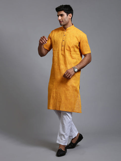 VASTRAMAY Men's Solid Yellow Pure Cotton Kurta Pyjama Set