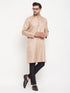 Vastramay Men's Beige Matka Silk Kurta and Black Pant Style Pyjama Set