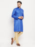 Vastramay Men's Blue Matka Silk Kurta and Gold Pant Style Pyjama Set