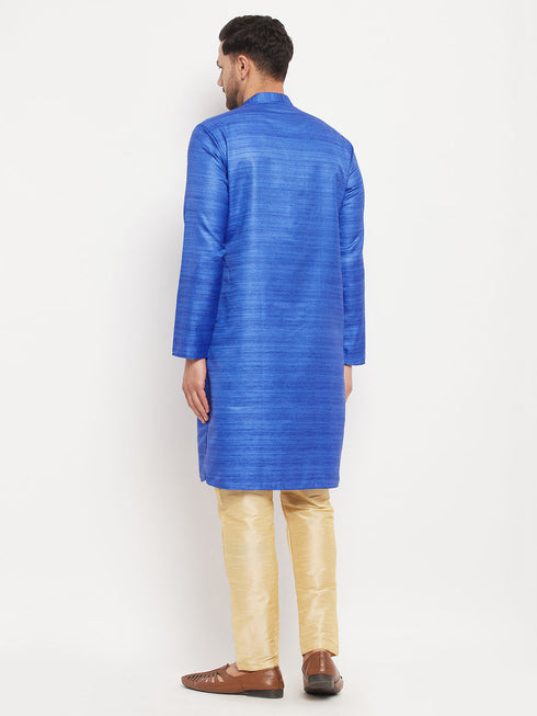 Vastramay Men's Blue Matka Silk Kurta and Gold Pant Style Pyjama Set
