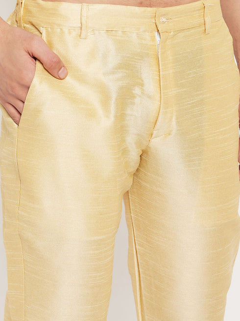 Vastramay Men's Blue Matka Silk Kurta and Gold Pant Style Pyjama Set