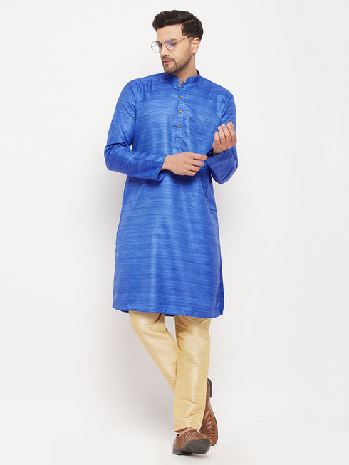 Vastramay Men's Blue Matka Silk Kurta and Gold Pant Style Pyjama Set