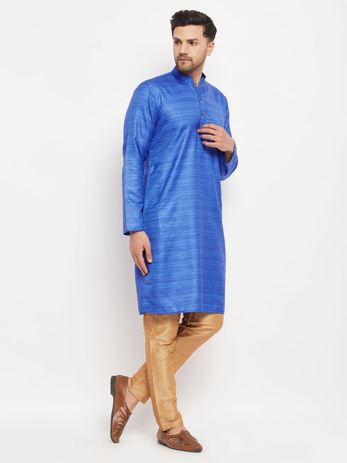 Vastramay Men's Blue Matka Silk Kurta and Rose Gold Pant Style Pyjama Set