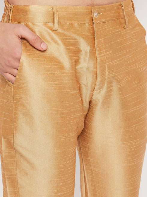 Vastramay Men's Blue Matka Silk Kurta and Rose Gold Pant Style Pyjama Set