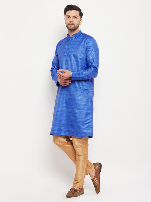 Vastramay Men's Blue Matka Silk Kurta and Rose Gold Pant Style Pyjama Set