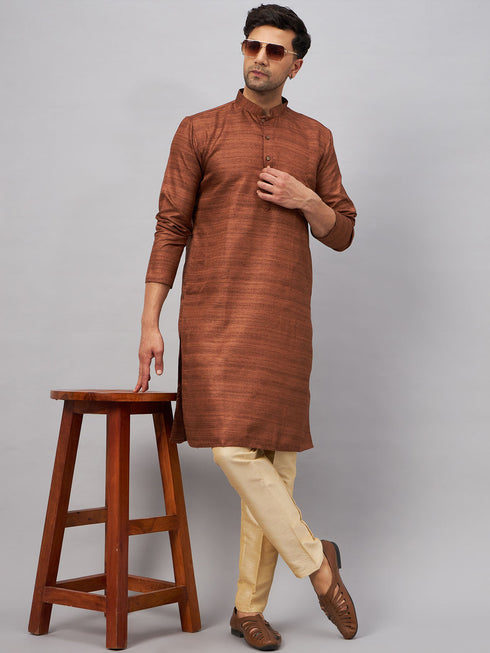 Vastramay Men's Coffee Kurta And Gold Pant Set
