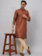 Vastramay Men's Coffee Kurta And Gold Pant Set