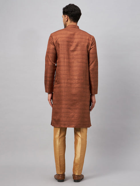 Vastramay Men's Coffee Kurta And Rose Gold Pant Set