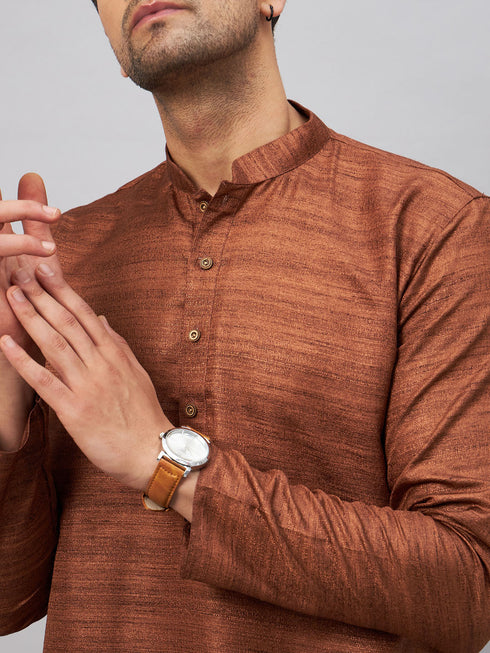 Vastramay Men's Coffee Kurta And Rose Gold Pant Set